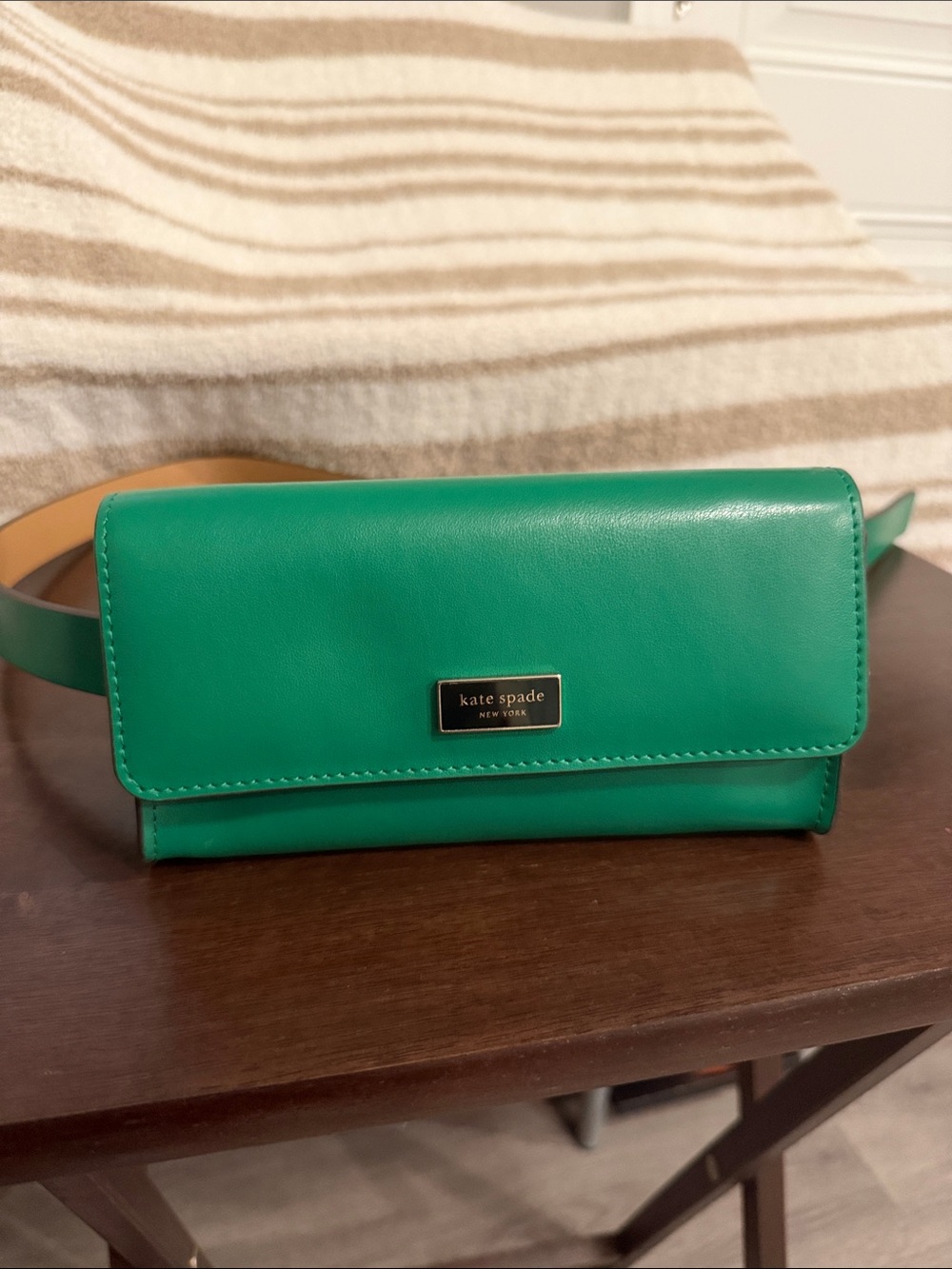 kate spade green leather crossbody belt bag with gold logo plaque